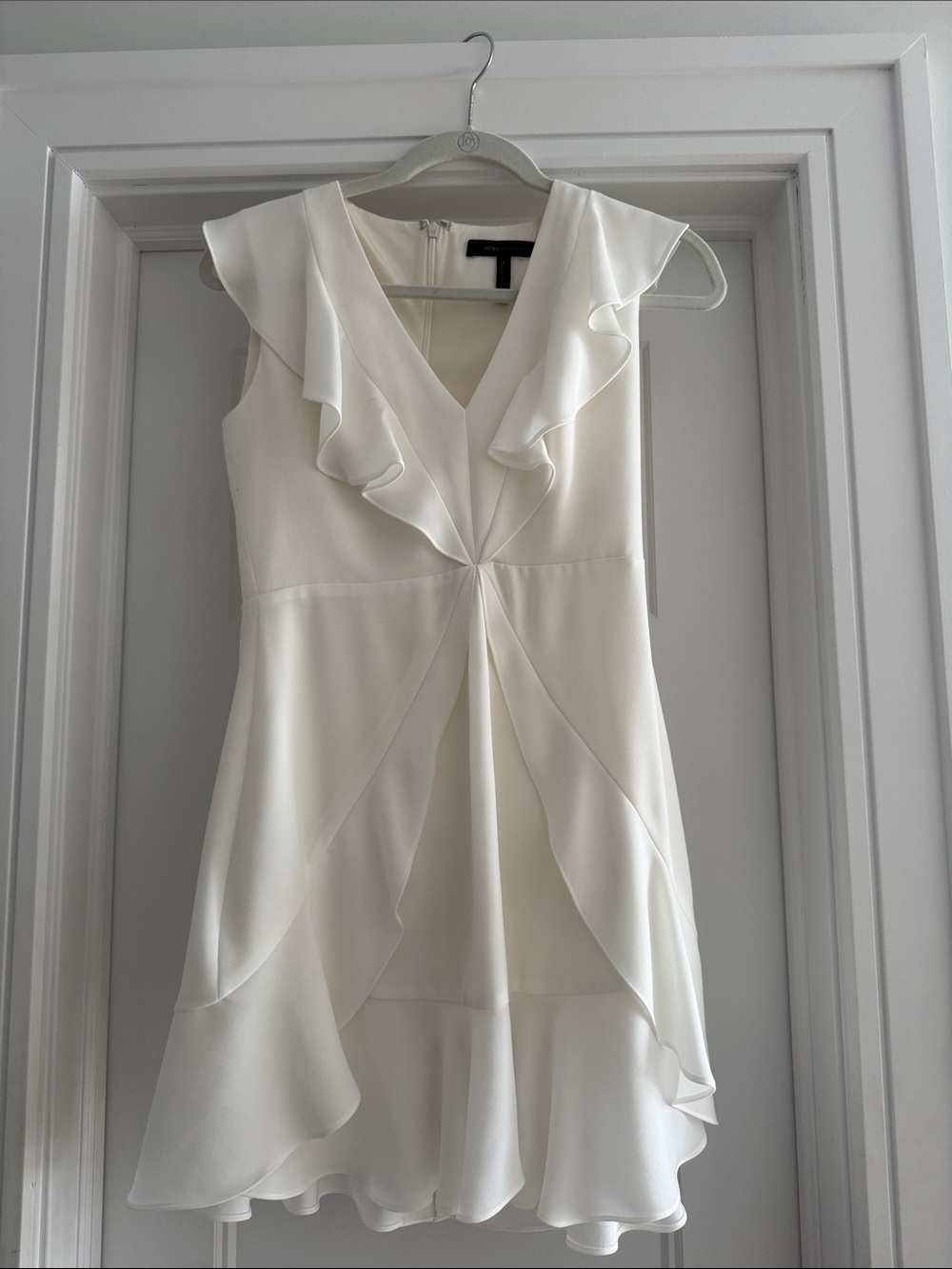 BCBGMaxAzria Cream Ruffle V-Neck Mini Dress